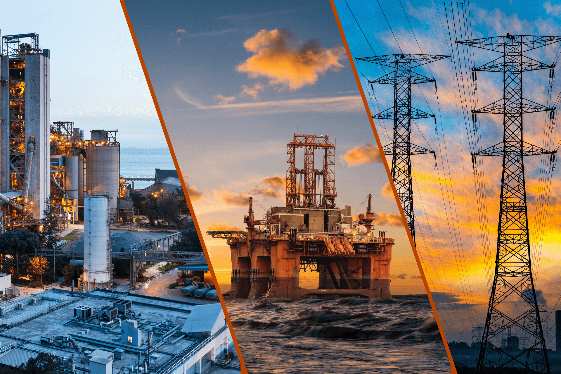 Banner with image of industrial site, oil rig and transmission poles